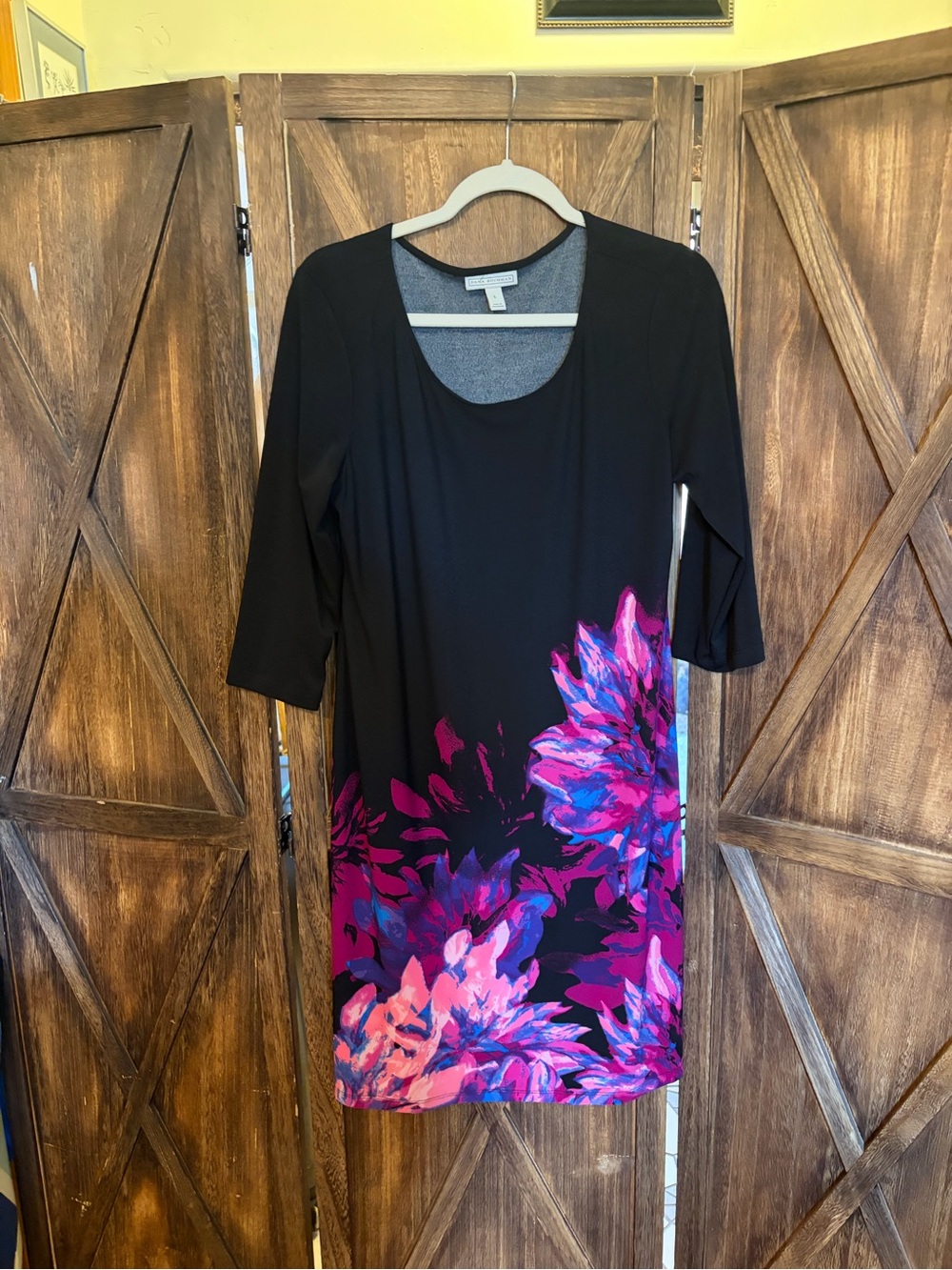 Black Shift Dress with Pink & Purple Floral Hem